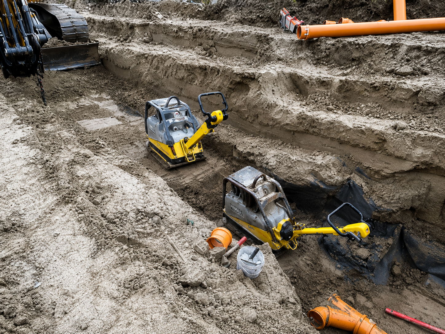 Bauarbeiter verdichtet den eingebauten Boden mit einer Rüttelplatte – Schritt 5 der konventionellen Verfüllung: mechanische Bodenverdichtung.