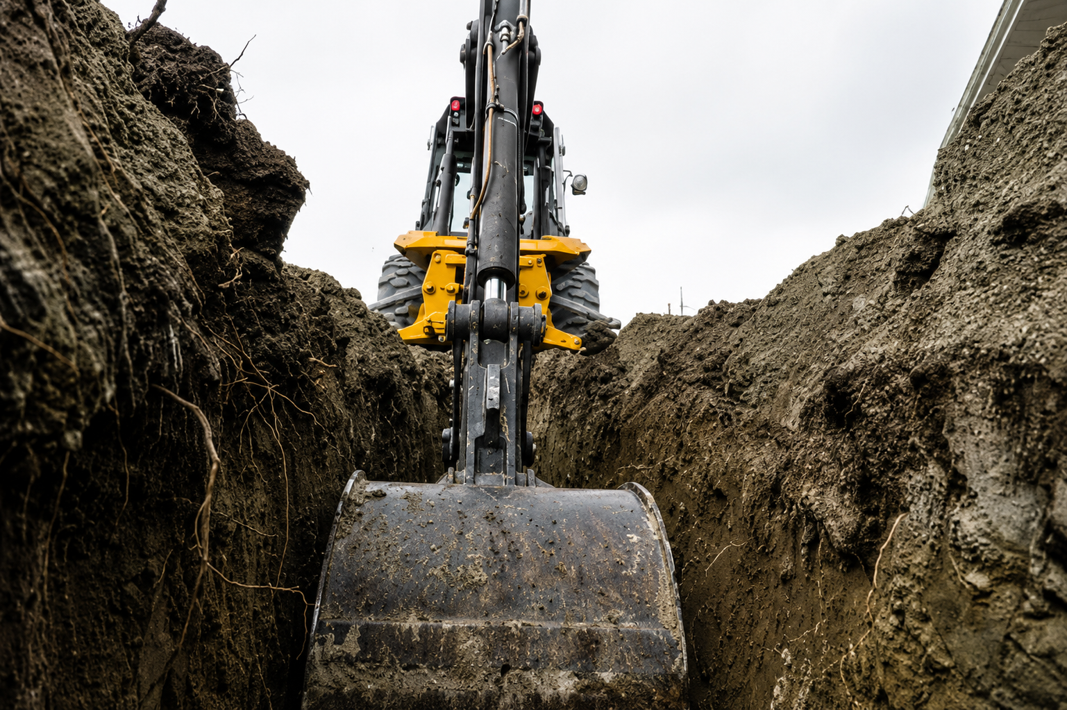 Bagger hebt einen schmalen Graben auf einer Tiefbau-Baustelle aus – Schritt 1 der konventionellen Verfüllung: Bodenaushub und Grabenausbildung.