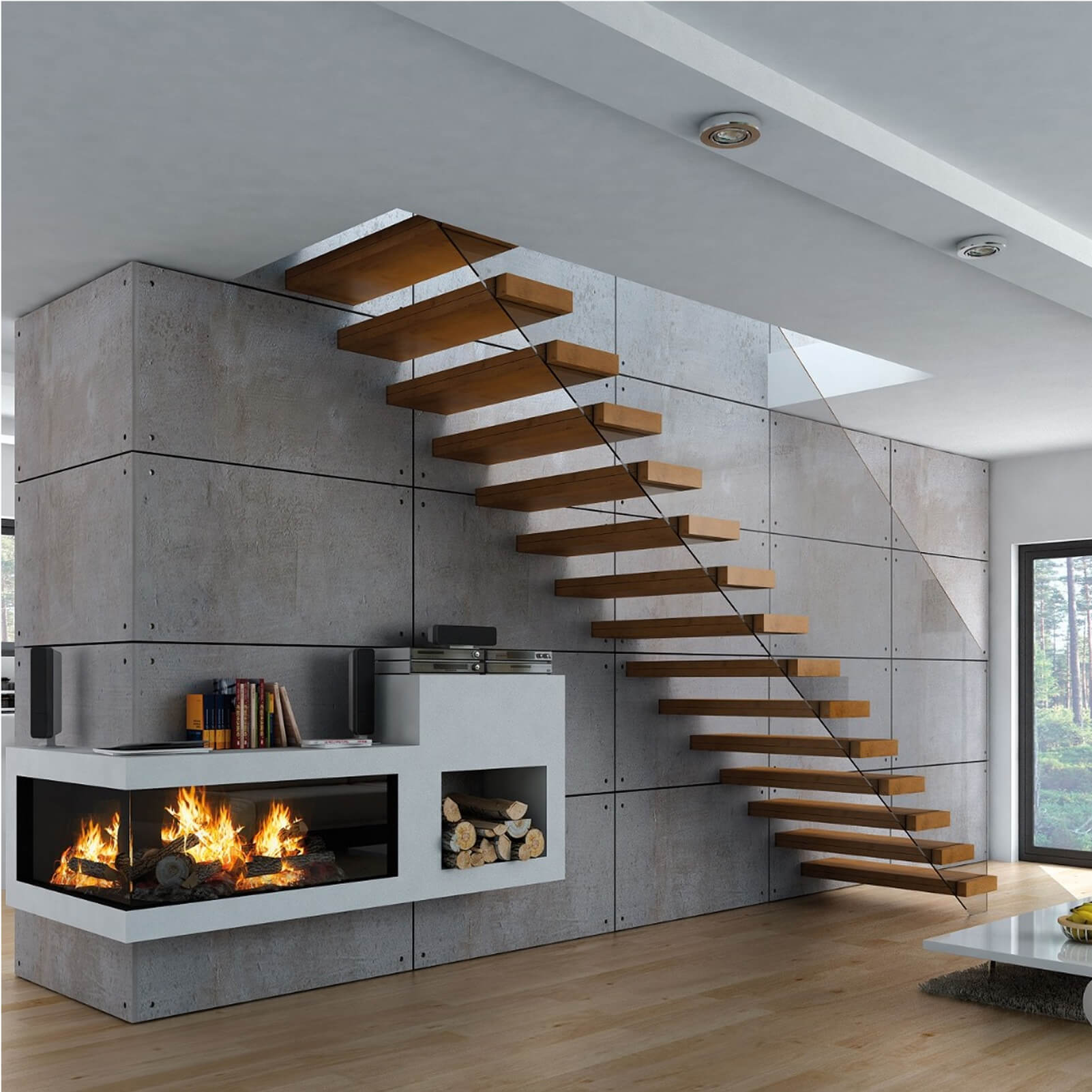 Nowoczesne schody dywanowe z masywnymi drewnianymi stopniami i przeszkloną balustradą na tle betonowej ściany z kominkiem