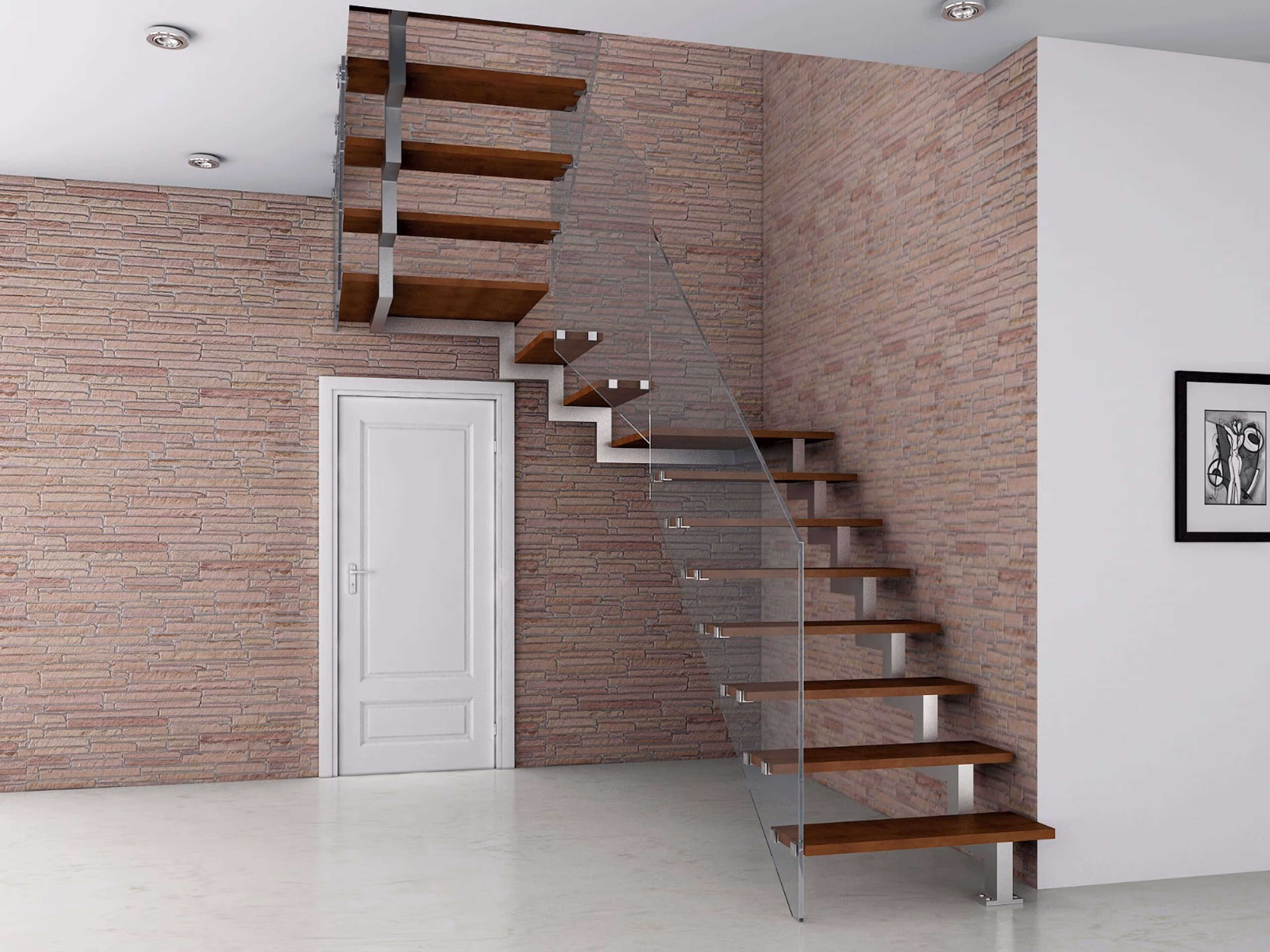 Designerskie schody ażurowe z metalowym stelażem i przezroczystą barierką szklaną, wnętrze z dekoracyjną cegłą