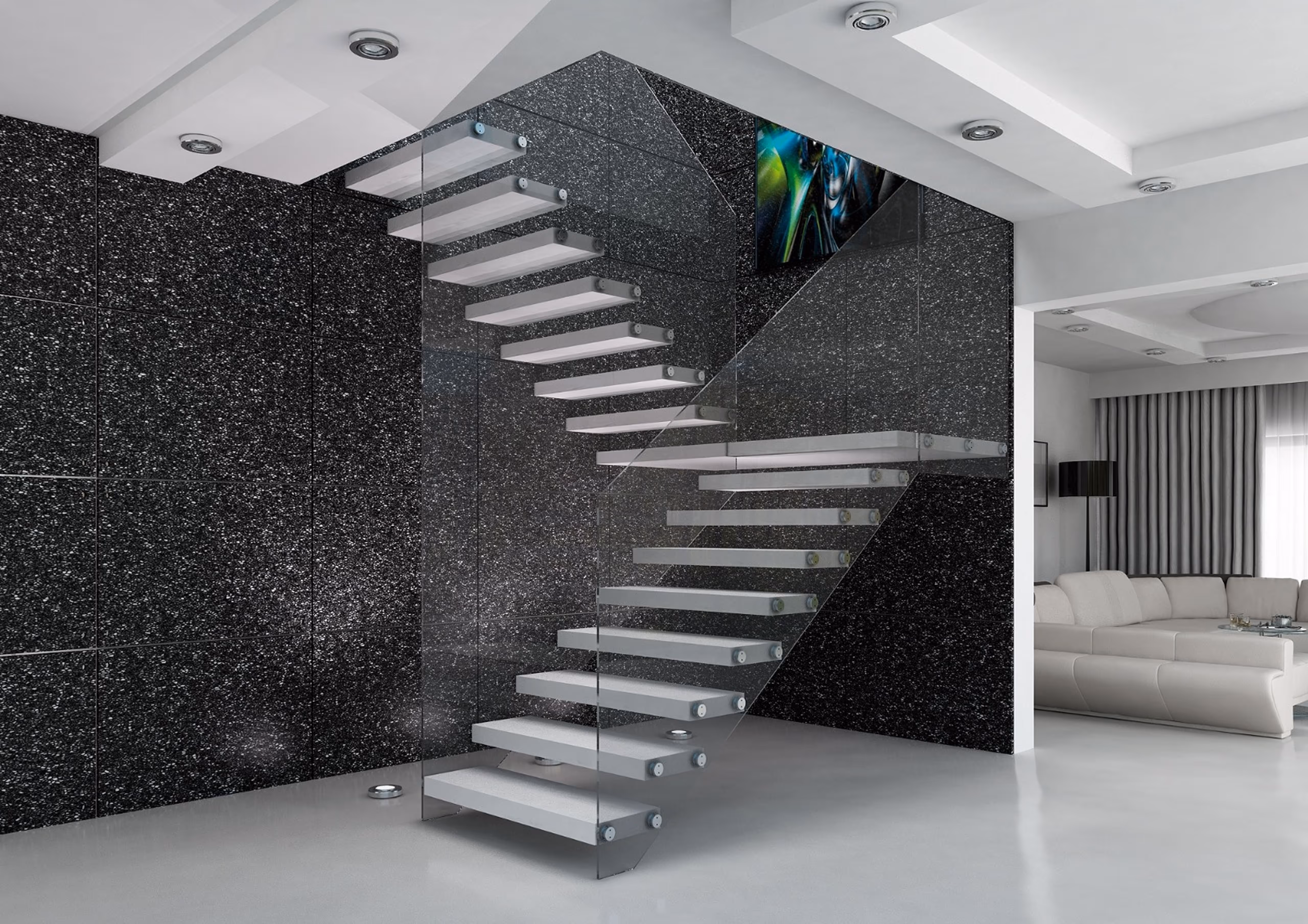 Luksusowe schody z przezroczystą balustradą szklaną i białymi stopniami, idealne dla nowoczesnych wnętrz