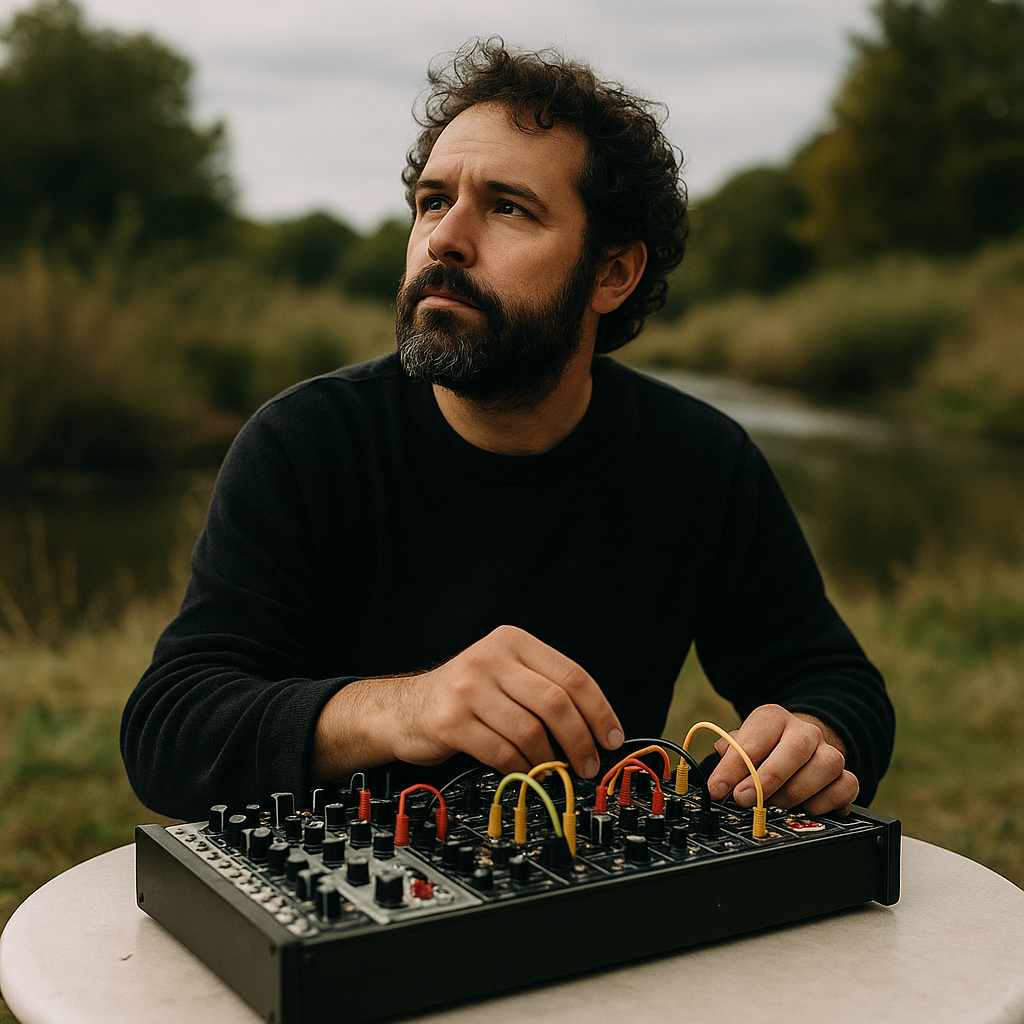 a man on the forest with his hands on a synth