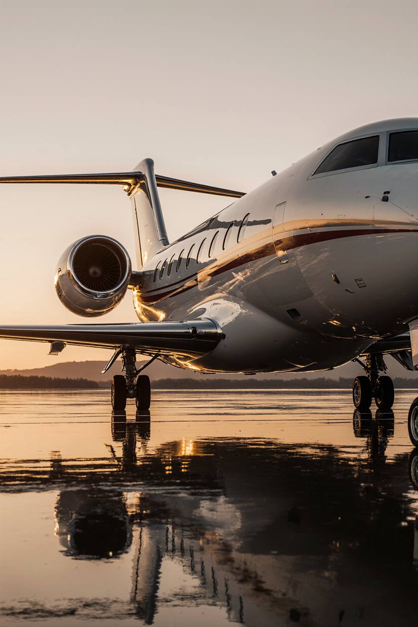 Close-up view of a private jet on the runway at sunrise, with its reflection visible on the wet surface.