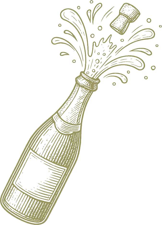 Eine Skizze einer Champagnerflasche, deren Korken aufspringt und Champagner herausspritzt.