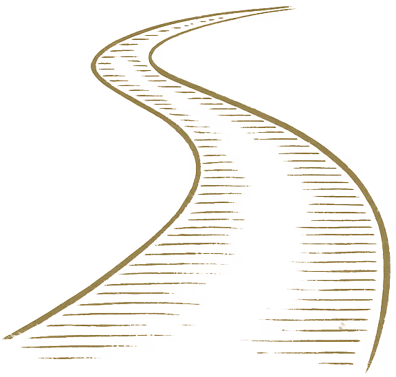 Eine einfache Zeichnung einer kurvigen, gewundenen Straße mit parallelen Linien, die Bewegung und Perspektive suggerieren, von oben auf einen einfachen Hintergrund gesehen.
