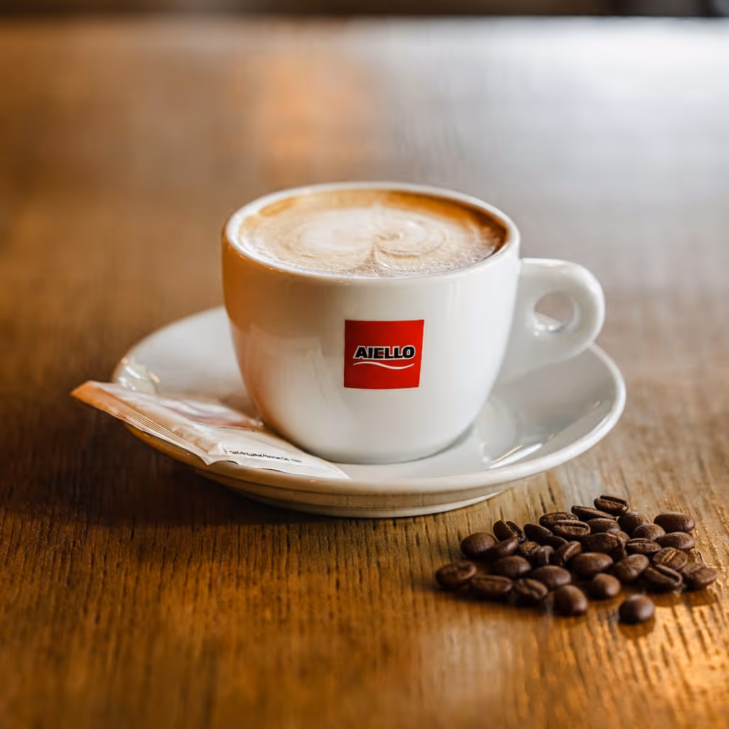 Eine Tasse Cappuccino mit rotem Aiello-Logo auf einer Untertasse mit einem Zuckerpäckchen steht auf einem Holztisch neben den Kaffeebohnen.