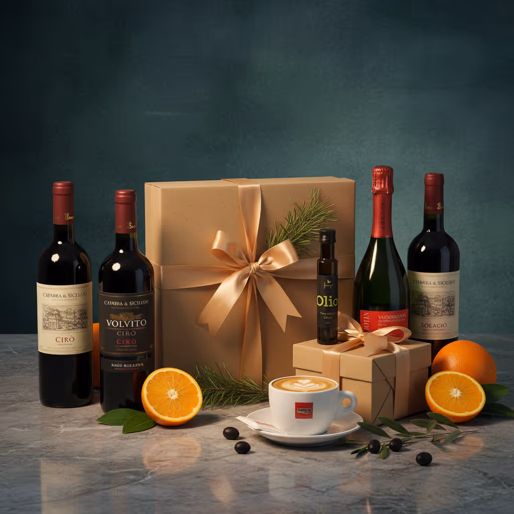 Geschenkkartons mit Schleife, Flaschen mit Rot- und Schaumwein, Olivenöl, eine Tasse Kaffee, Orangen und Oliven sind auf einer Marmorfläche vor einem dunkelgrünen Hintergrund angeordnet.