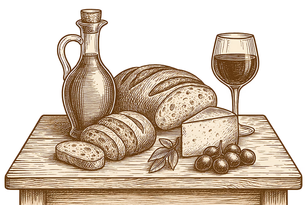 Ein Laib Brot, Käse, Oliven, ein Glas Wein und eine Flasche Öl auf einem Holztisch, illustriert im Stil einer alten Gravur.