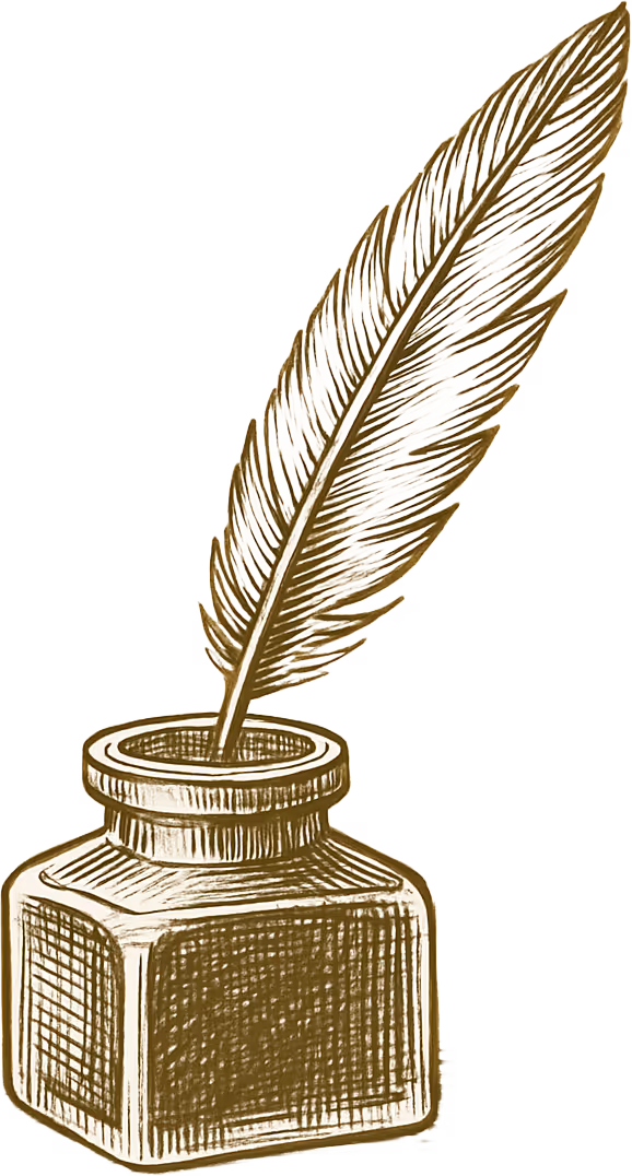 Eine detaillierte, sepiafarbene Illustration eines Federkiels in einem Tintenfass.