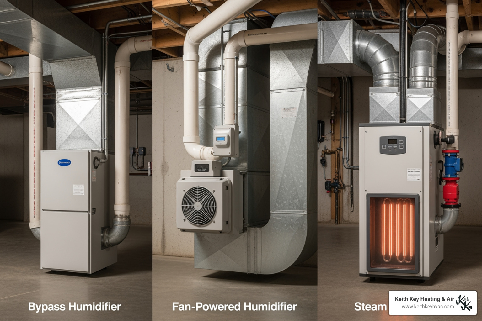 Image showing the main types of whole-house humidifiers (bypass, fan-powered, steam) - humidifier installation crawfordville