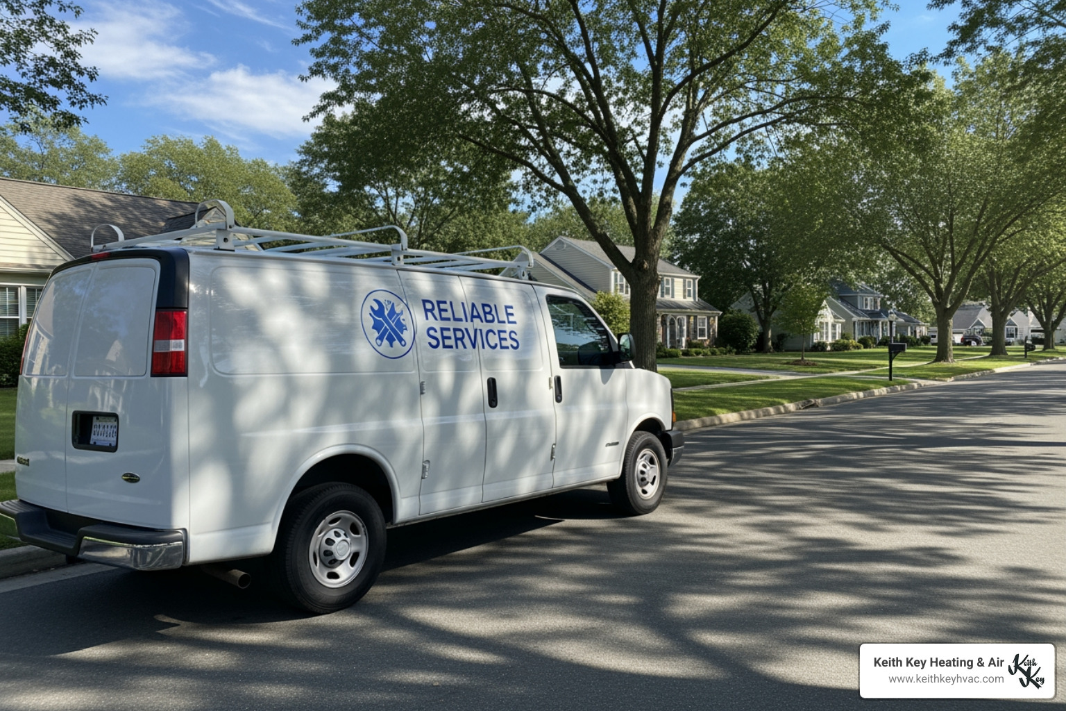A branded service van in a local neighborhood setting - heat pump maintenance franklin county A branded service van in a local neighborhood setting - heat pump maintenance franklin county
