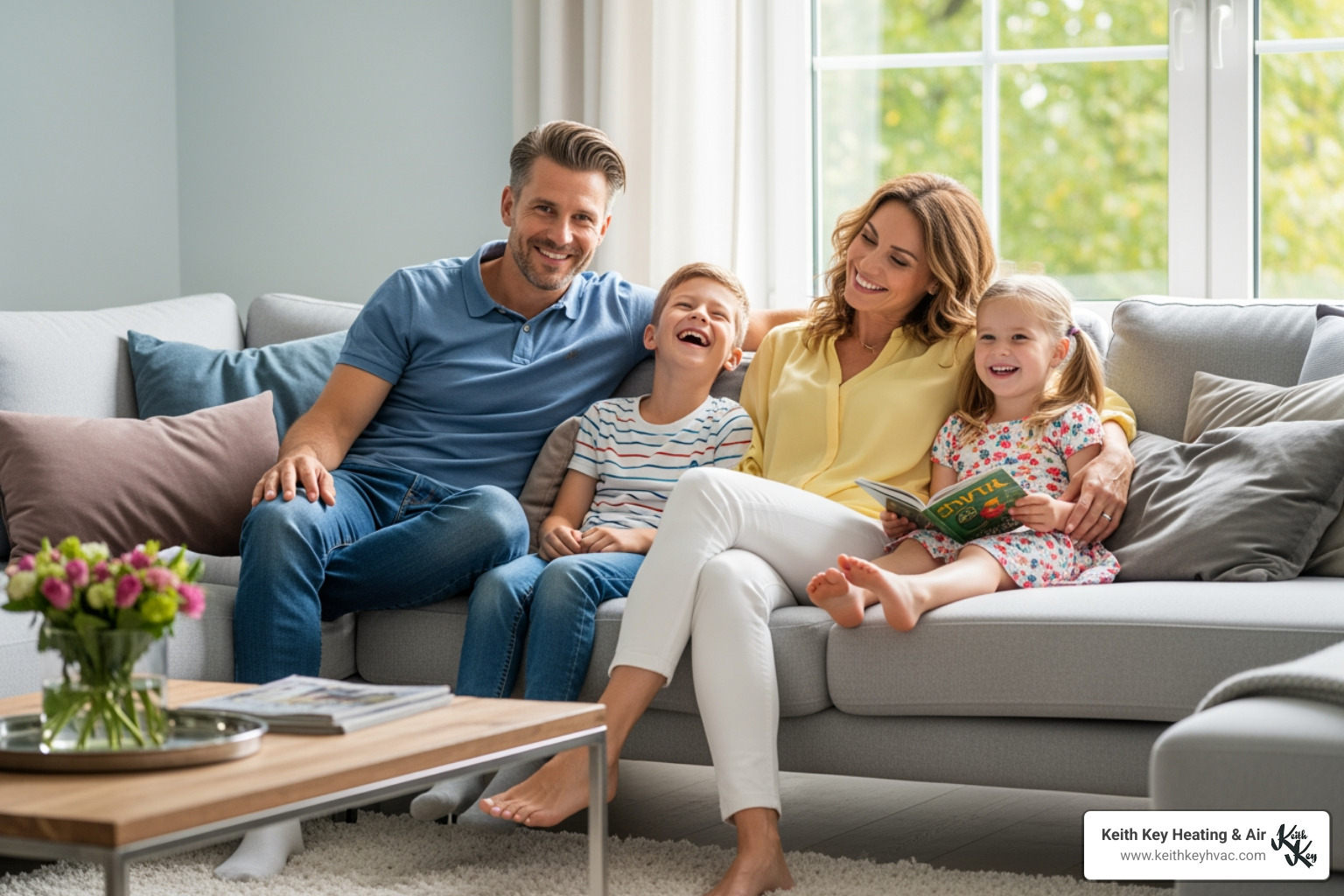 A family relaxing in a cool living room - heat pump maintenance franklin county A family relaxing in a cool living room - heat pump maintenance franklin county