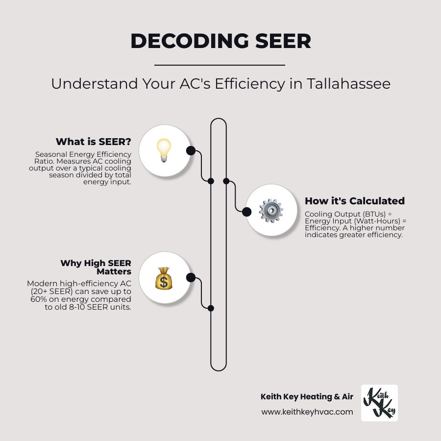 infographic showing SEER calculation: cooling output in BTUs divided by energy input in watt-hours equals seasonal energy efficiency ratio, with examples of 10 SEER versus 20 SEER performance - high seer ac tallahassee fl infographic infographic-line-3-steps-elegant_beige infographic showing SEER calculation: cooling output in BTUs divided by energy input in watt-hours equals seasonal energy efficiency ratio, with examples of 10 SEER versus 20 SEER performance - high seer ac tallahassee fl infographic infographic-line-3-steps-elegant_beige