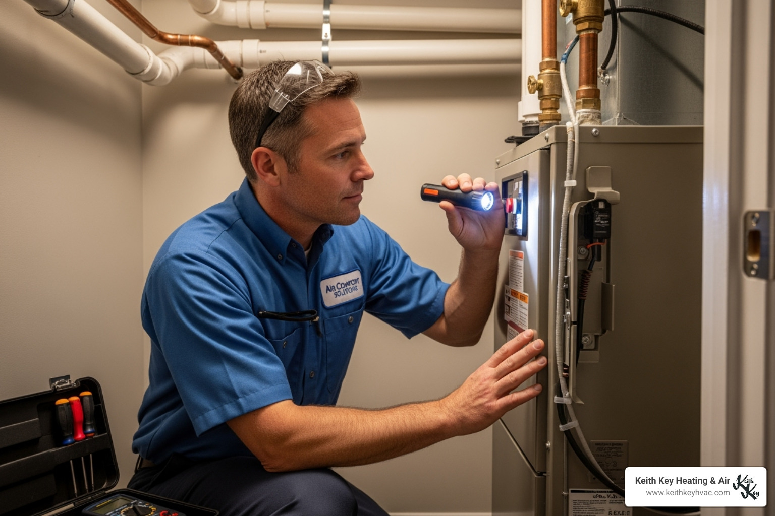 of a friendly, professional technician inspecting an indoor air handler; AC repair; AC maintenance; AC installation; Emergency service - Air conditioning St George of a friendly, professional technician inspecting an indoor air handler; AC repair; AC maintenance; AC installation; Emergency service - Air conditioning St George