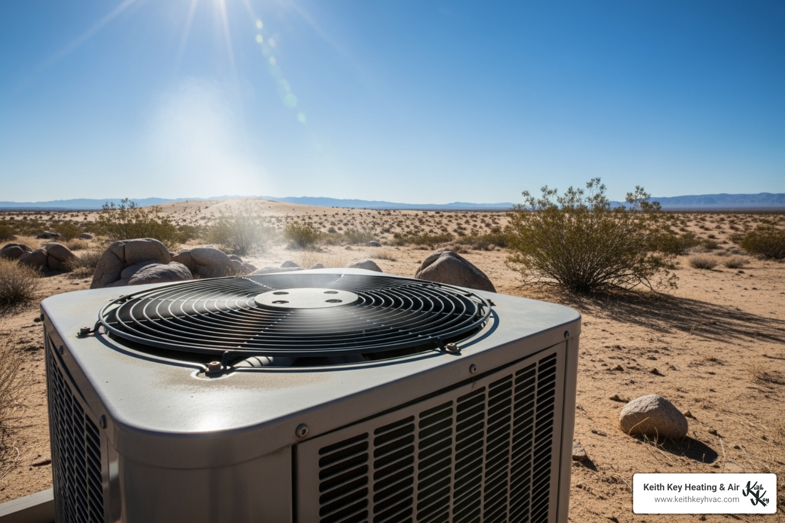 of an outdoor AC unit working hard under the hot Utah sun; Desert climate; Extreme summer heat; System performance; Energy consumption; Summer preparedness - Air conditioning St George of an outdoor AC unit working hard under the hot Utah sun; Desert climate; Extreme summer heat; System performance; Energy consumption; Summer preparedness - Air conditioning St George