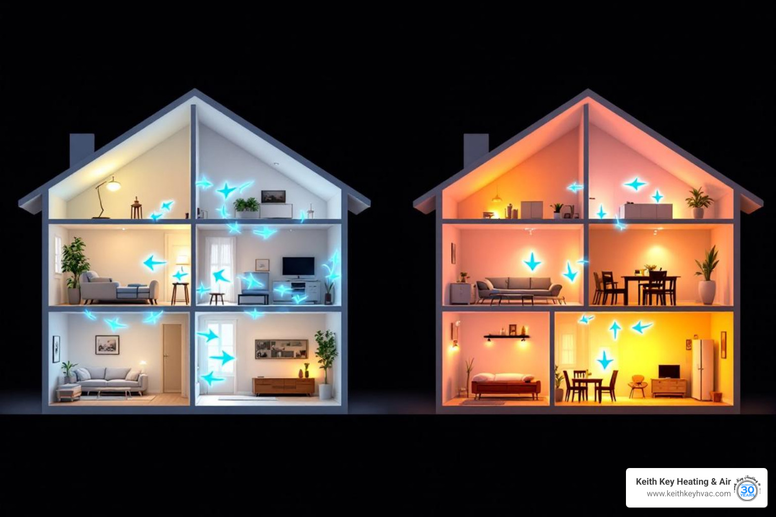 infographic showing balanced versus unbalanced HVAC system with even air distribution in all rooms compared to uneven distribution with hot and cold spots, weak airflow indicators, and energy waste symbols - airflow balancing tallahassee fl infographic showing balanced versus unbalanced HVAC system with even air distribution in all rooms compared to uneven distribution with hot and cold spots, weak airflow indicators, and energy waste symbols - airflow balancing tallahassee fl