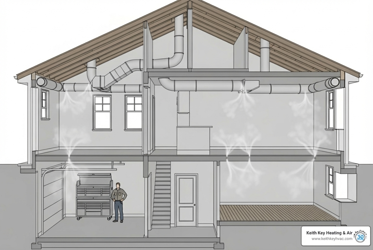 Infographic showing cross-section of a home with ductwork in attic and walls, with arrows indicating 30% air loss through leaks, including statistics on energy waste, higher bills, reduced comfort, and poor air quality caused by unsealed ducts - duct sealing leon county Infographic showing cross-section of a home with ductwork in attic and walls, with arrows indicating 30% air loss through leaks, including statistics on energy waste, higher bills, reduced comfort, and poor air quality caused by unsealed ducts - duct sealing leon county