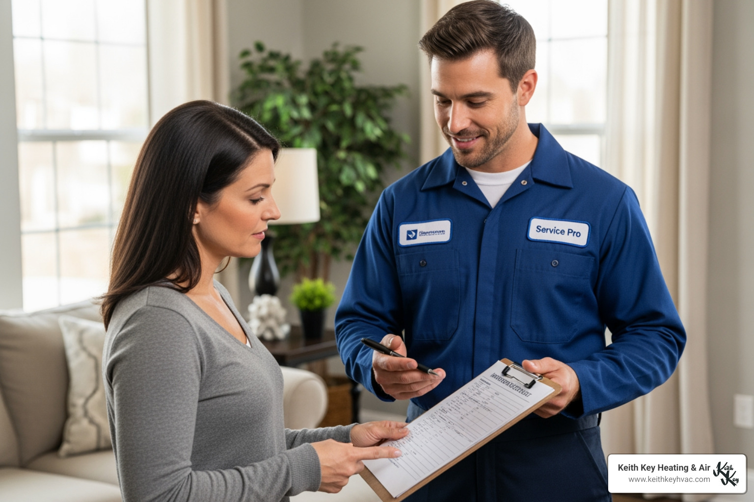 homeowner reviewing checklist with technician - heating inspection crawfordville homeowner reviewing checklist with technician - heating inspection crawfordville