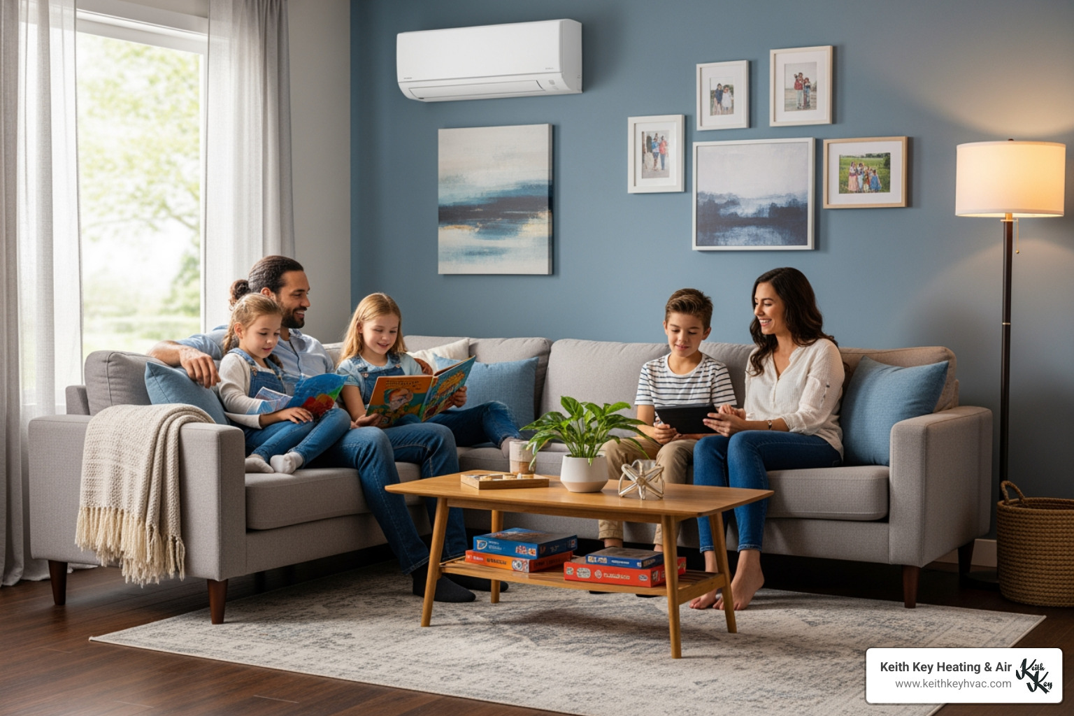 Family relaxing in a living room with a wall-mounted ductless unit - ductless heat pump sopchoppy Family relaxing in a living room with a wall-mounted ductless unit - ductless heat pump sopchoppy
