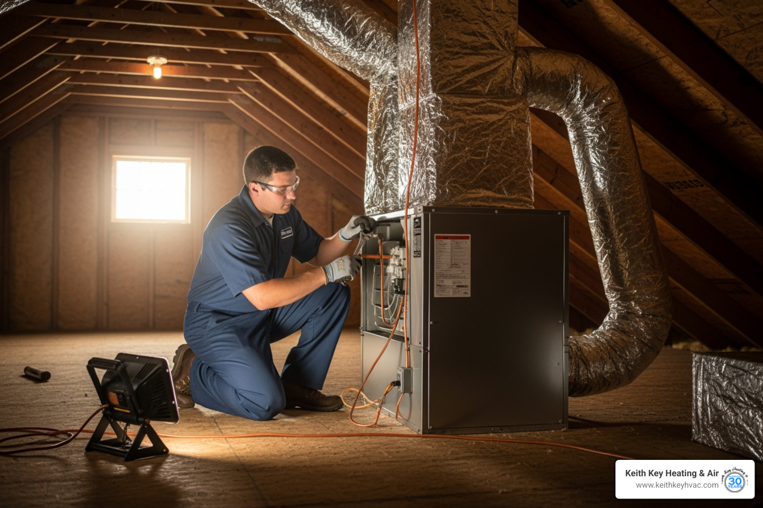 Infographic showing the main components of a central HVAC system including outdoor condenser unit, indoor air handler or furnace, ductwork throughout the home, thermostat control, and refrigerant lines connecting the system, with labels explaining how each part works together to heat and cool a home efficiently - central hvac installation tallahassee