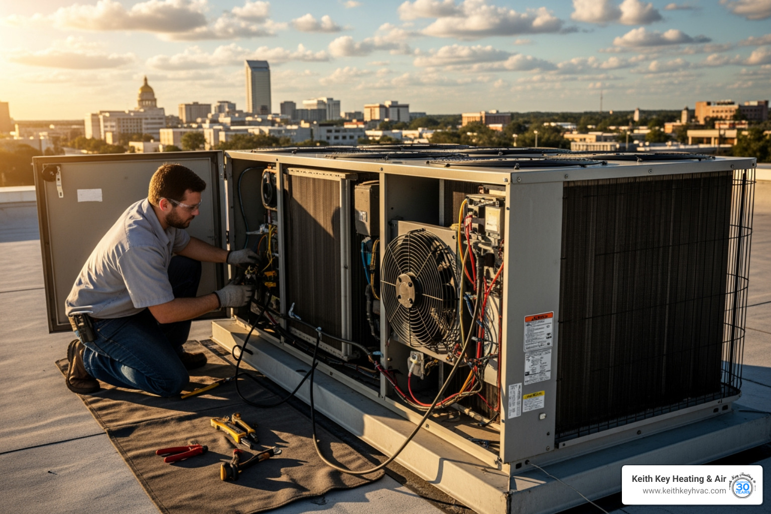 infographic showing commercial AC downtime impact with declining graphs for productivity, customer satisfaction, and revenue, plus rising temperature indicators and repair urgency timeline - light commercial ac repair tallahassee