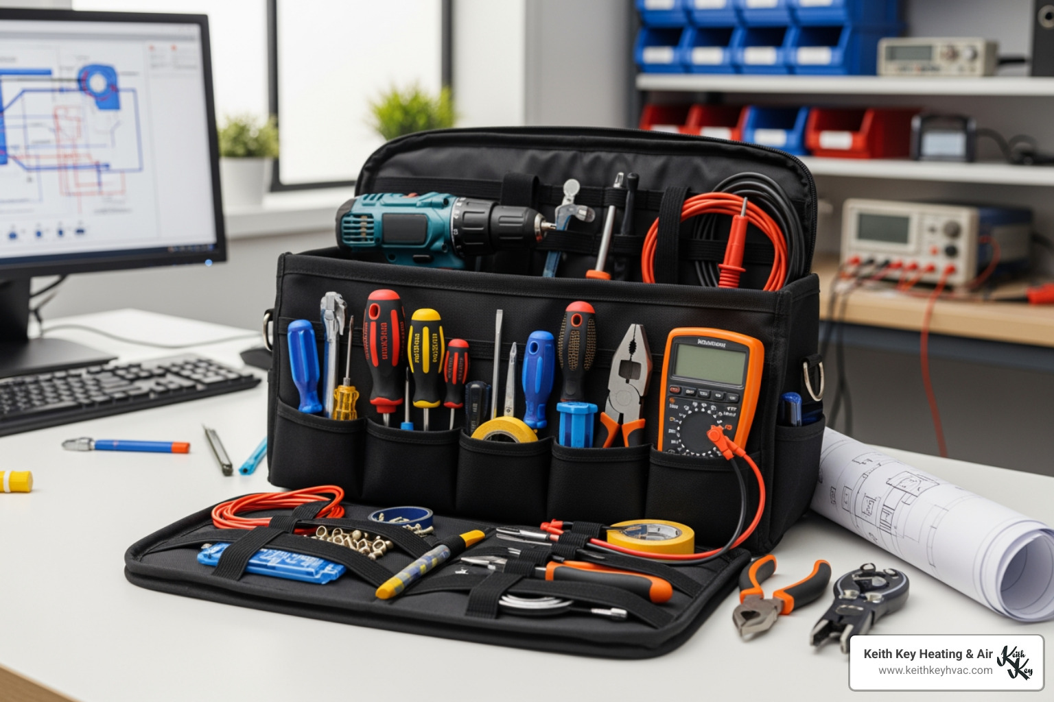 a clean work area with a technician's tool bag - "Find local heating repair specialists in Crawfordville."