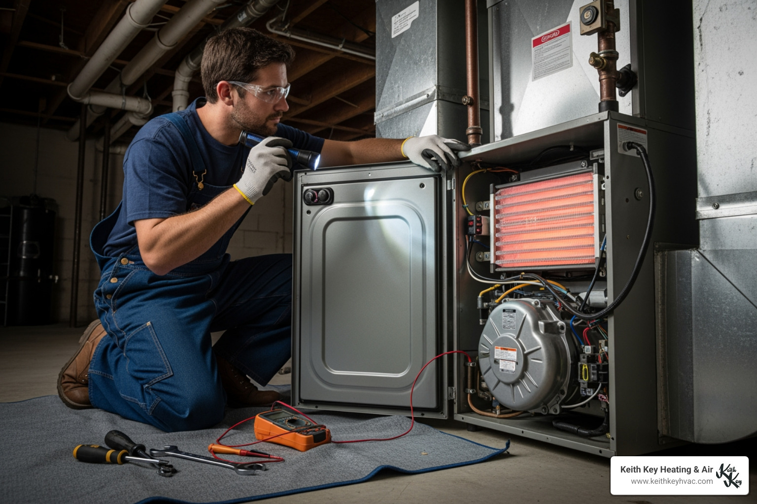 a technician inspecting a furnace - "Find local heating repair specialists in Crawfordville."