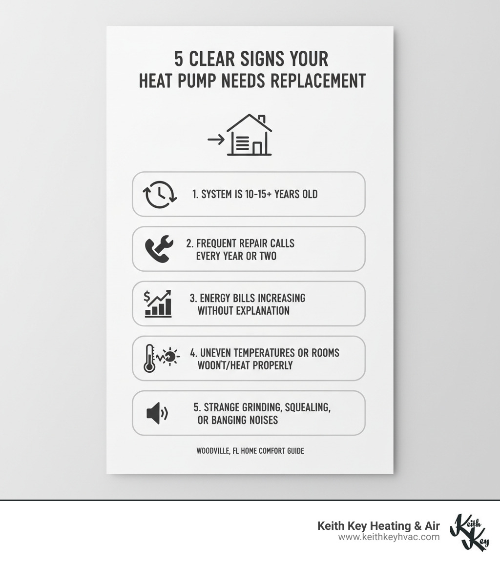 Infographic showing five clear signs your heat pump needs replacement: 1) System is 10-15+ years old, 2) Frequent repair calls every year or two, 3) Energy bills increasing without explanation, 4) Uneven temperatures or rooms that won't cool/heat properly, 5) Strange grinding, squealing, or banging noises from the unit - heat pump replacement woodville fl infographic Infographic showing five clear signs your heat pump needs replacement: 1) System is 10-15+ years old, 2) Frequent repair calls every year or two, 3) Energy bills increasing without explanation, 4) Uneven temperatures or rooms that won't cool/heat properly, 5) Strange grinding, squealing, or banging noises from the unit - heat pump replacement woodville fl infographic