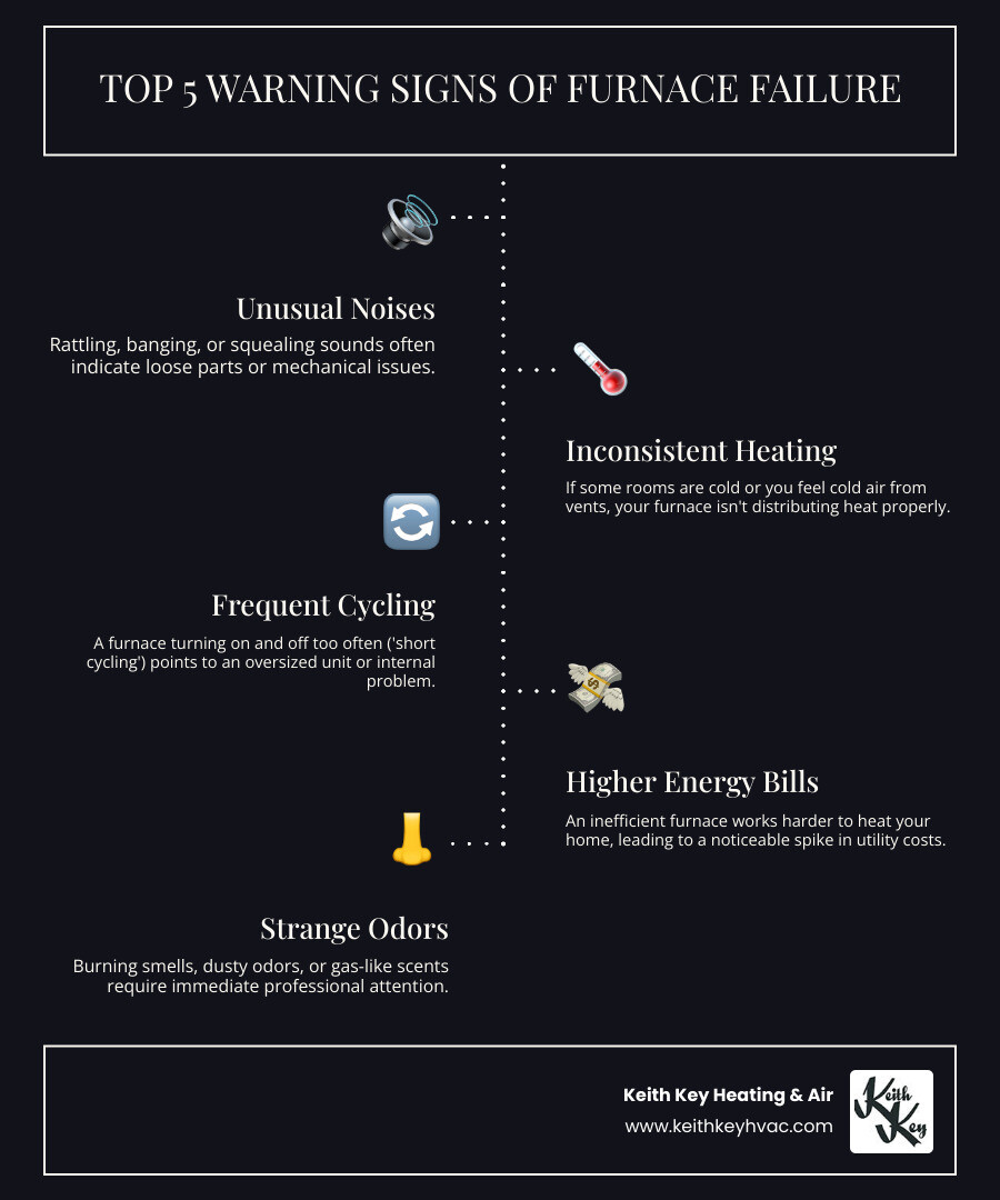 infographic showing top 5 warning signs of furnace failure including unusual noises, inconsistent heating, frequent cycling, higher energy bills, and strange odors - fast furnace repair crawfordville infographic infographic-line-5-steps-dark