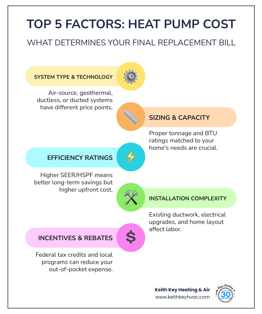 Infographic showing the top 5 factors that determine your final heat pump replacement bill including system type, sizing and capacity, efficiency ratings, installation complexity, and available rebates - central heating pump replacement cost infographic infographic-line-5-steps-colors