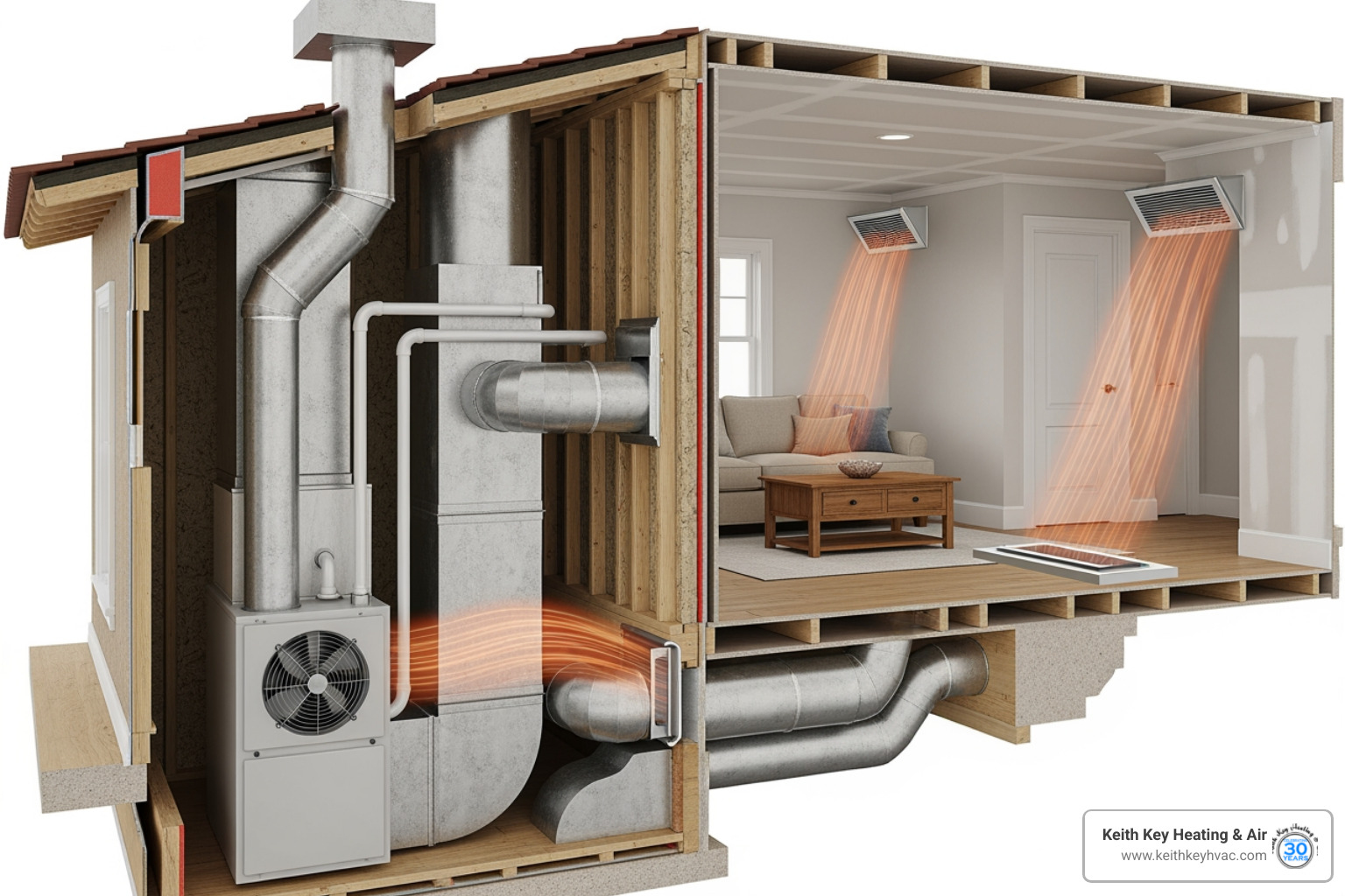 infographic showing heat pump transferring heat from outdoor air through refrigerant cycle to indoor spaces via ductwork, compared to furnace generating heat through combustion, with key components labeled including outdoor unit, indoor air handler, ductwork, vents, and thermostat control - central ducted heating