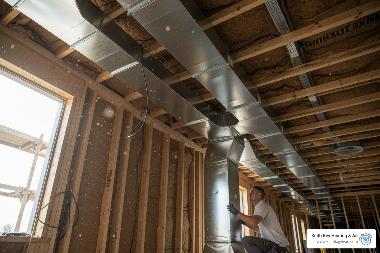 infographic showing the components of a ducted heat pump system including outdoor condenser unit connected to indoor air handler through refrigerant lines, network of ductwork distributing air throughout the home, ceiling vents in multiple rooms, and digital thermostat control panel with arrows showing airflow direction - cost to install ducted heating