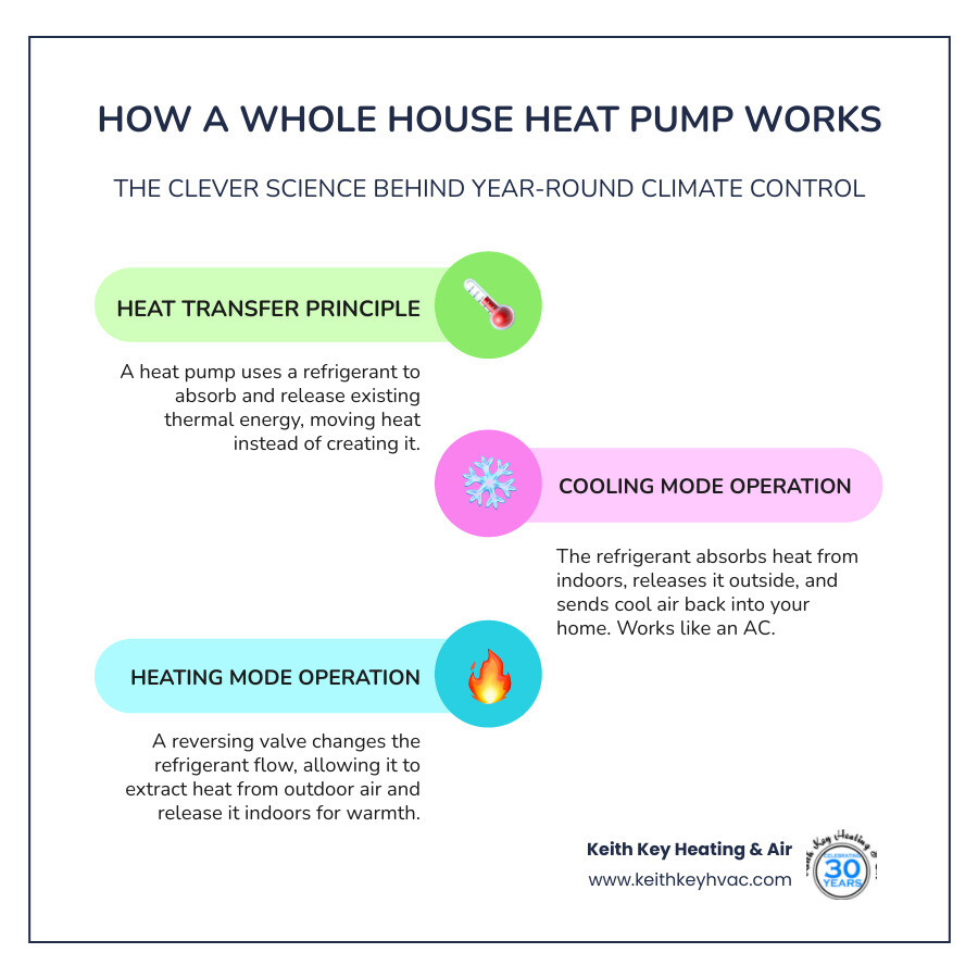 Infographic showing how a heat pump operates in both heating and cooling modes, with arrows indicating heat movement from outdoor air into the home during winter (heating mode) and from indoor air to outdoors during summer (cooling mode), highlighting the reversing valve that changes the refrigerant flow direction - whole house heat pump infographic infographic-line-3-steps-colors Infographic showing how a heat pump operates in both heating and cooling modes, with arrows indicating heat movement from outdoor air into the home during winter (heating mode) and from indoor air to outdoors during summer (cooling mode), highlighting the reversing valve that changes the refrigerant flow direction - whole house heat pump infographic infographic-line-3-steps-colors