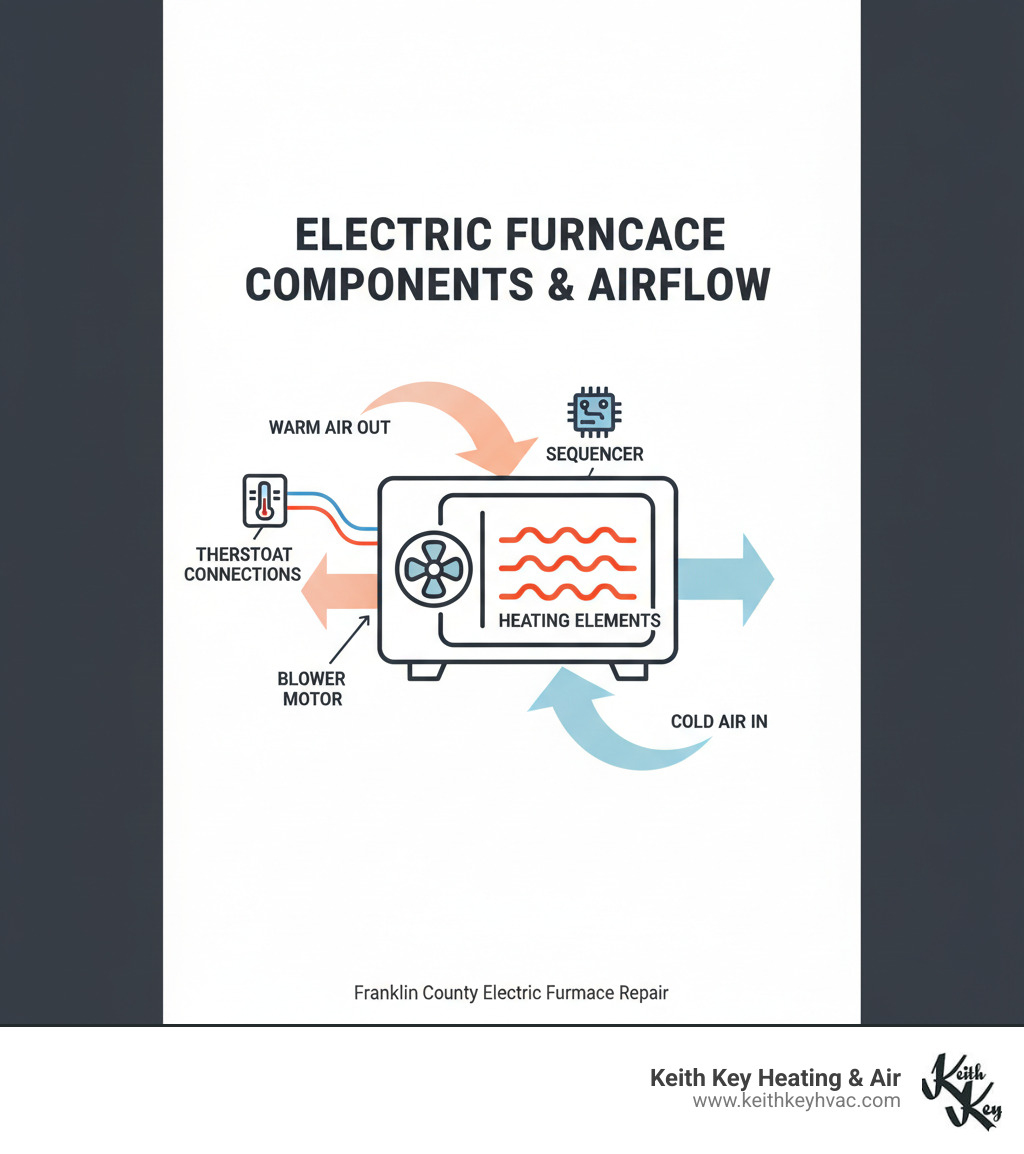Infographic showing electric furnace components including heating elements, blower motor, sequencer, thermostat connections, and airflow direction through the system - electric furnace repair franklin county infographic 