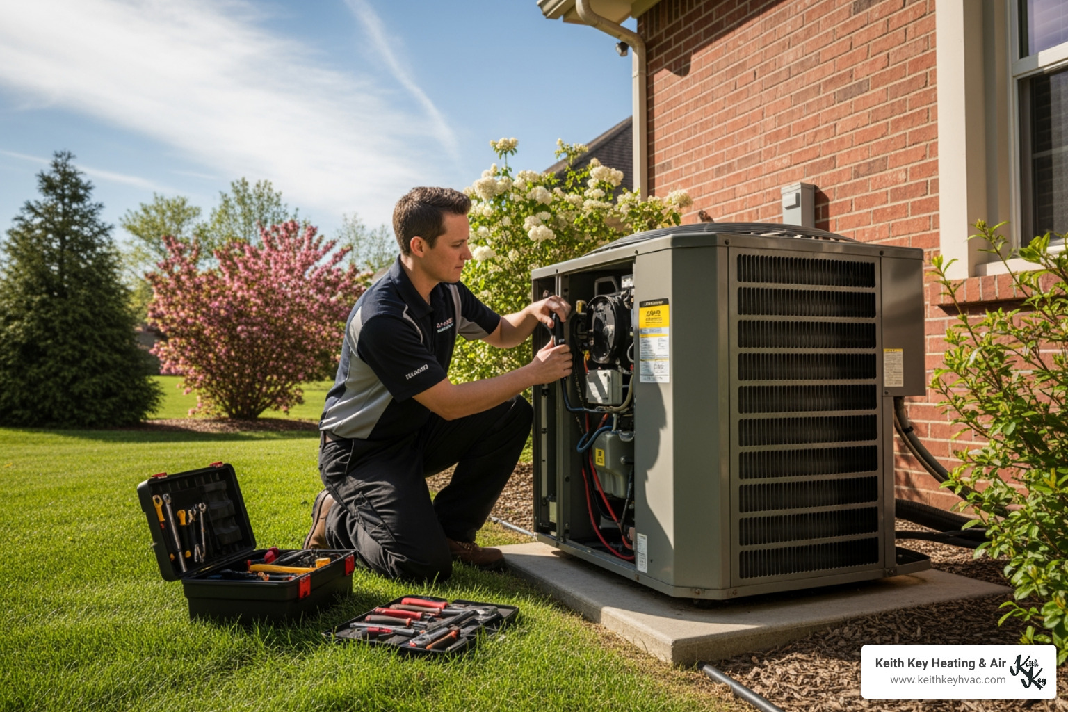 technician performing maintenance on an outdoor AC unit - Who offers HVAC preventative maintenance plans in the Tallahassee area?