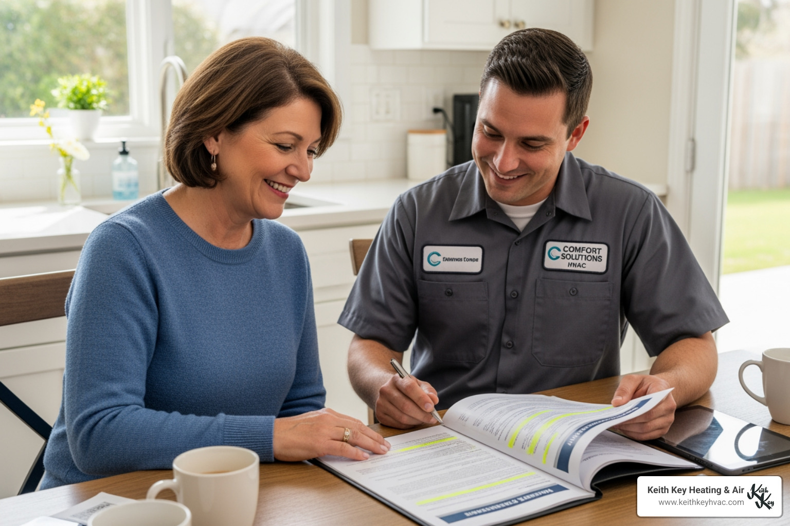 homeowner reviewing a maintenance agreement with a technician - Who offers HVAC preventative maintenance plans in the Tallahassee area?