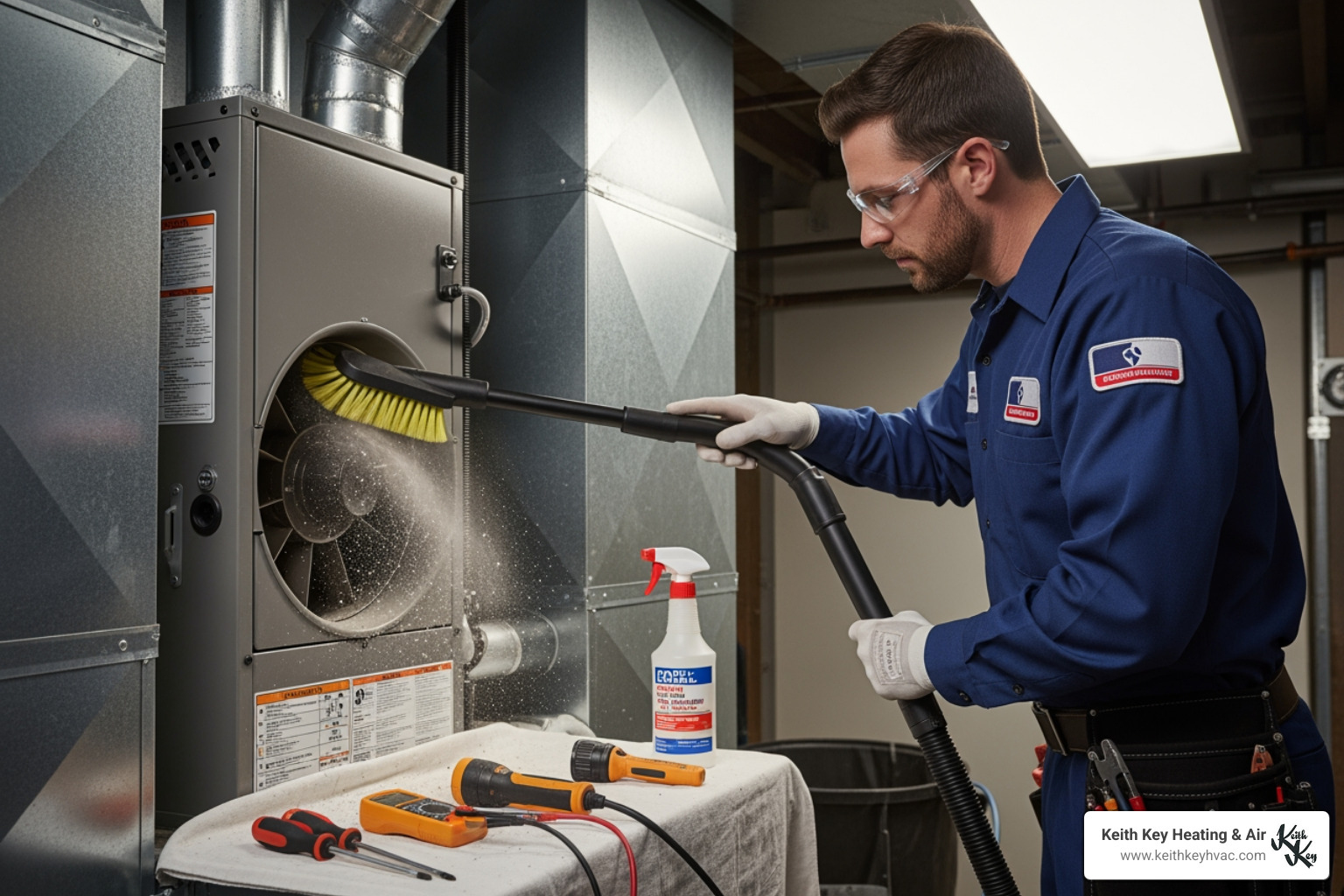 technician cleaning an indoor HVAC component - Who offers HVAC preventative maintenance plans in the Tallahassee area?