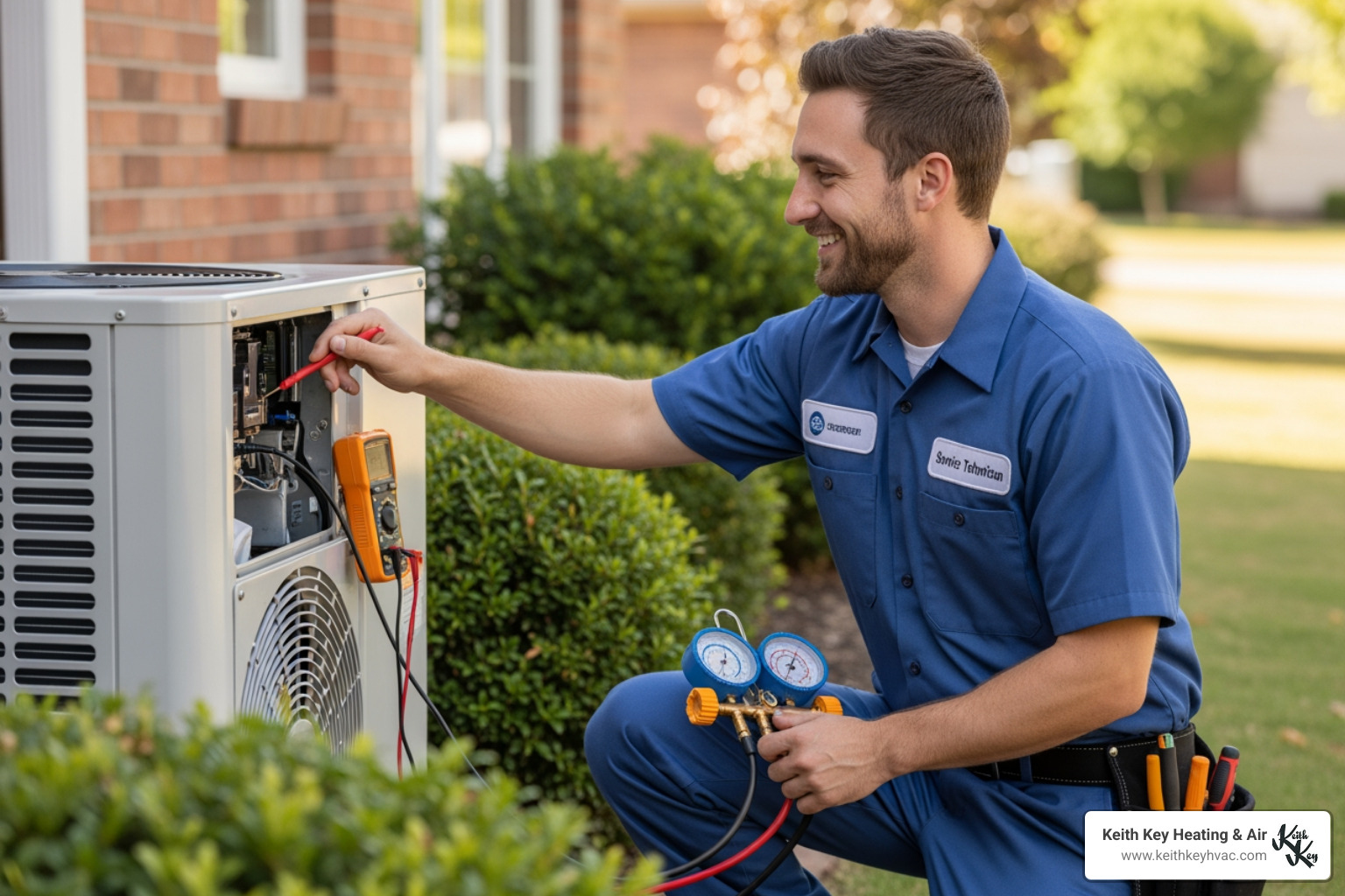 friendly technician diagnosing heat pump - "My heat pump is on but it's not heating my home. Who offers heat pump repair in Tallahassee?"