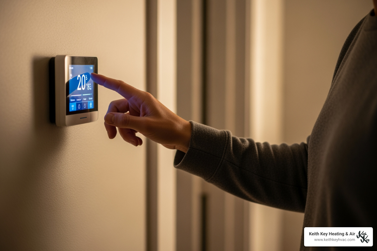 homeowner checking thermostat - "My heat pump is on but it's not heating my home. Who offers heat pump repair in Tallahassee?"