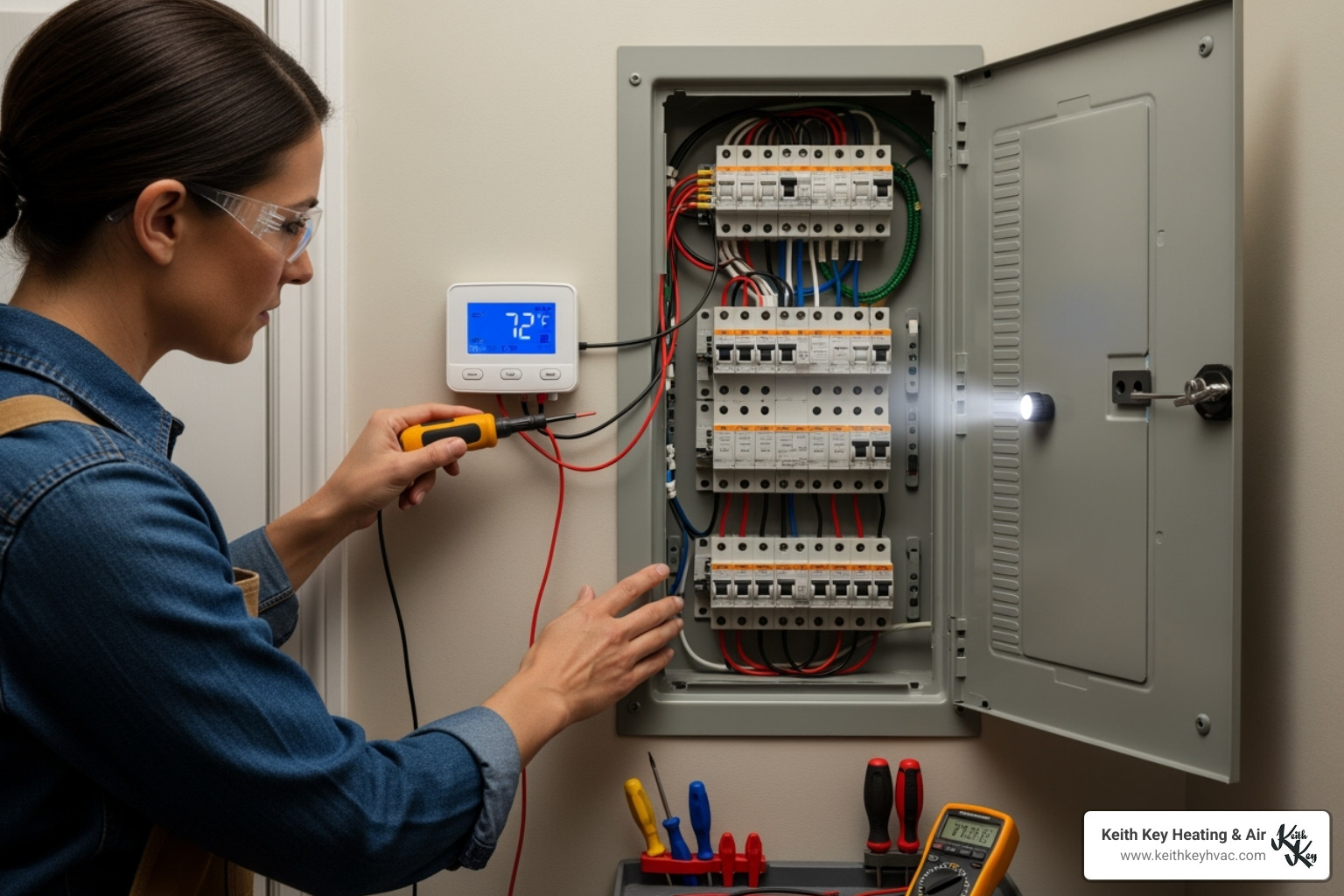 a person safely checking their thermostat and circuit breaker panel - emergency heating repair tallahassee a person safely checking their thermostat and circuit breaker panel - emergency heating repair tallahassee