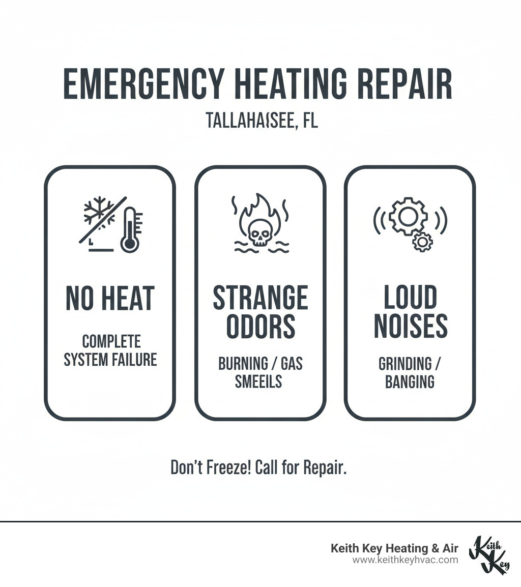Infographic showing three critical signs requiring emergency heating repair: complete system failure with no heat production, strange burning or gas odors indicating safety hazards, and loud grinding or banging noises suggesting mechanical breakdown - emergency heating repair tallahassee infographic Infographic showing three critical signs requiring emergency heating repair: complete system failure with no heat production, strange burning or gas odors indicating safety hazards, and loud grinding or banging noises suggesting mechanical breakdown - emergency heating repair tallahassee infographic