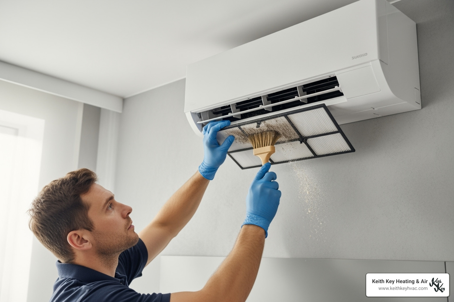 A technician wearing gloves is carefully cleaning the air filter of an indoor wall-mounted ductless mini-split unit with a brush, ensuring efficient operation. - ductless heating tallahassee fl