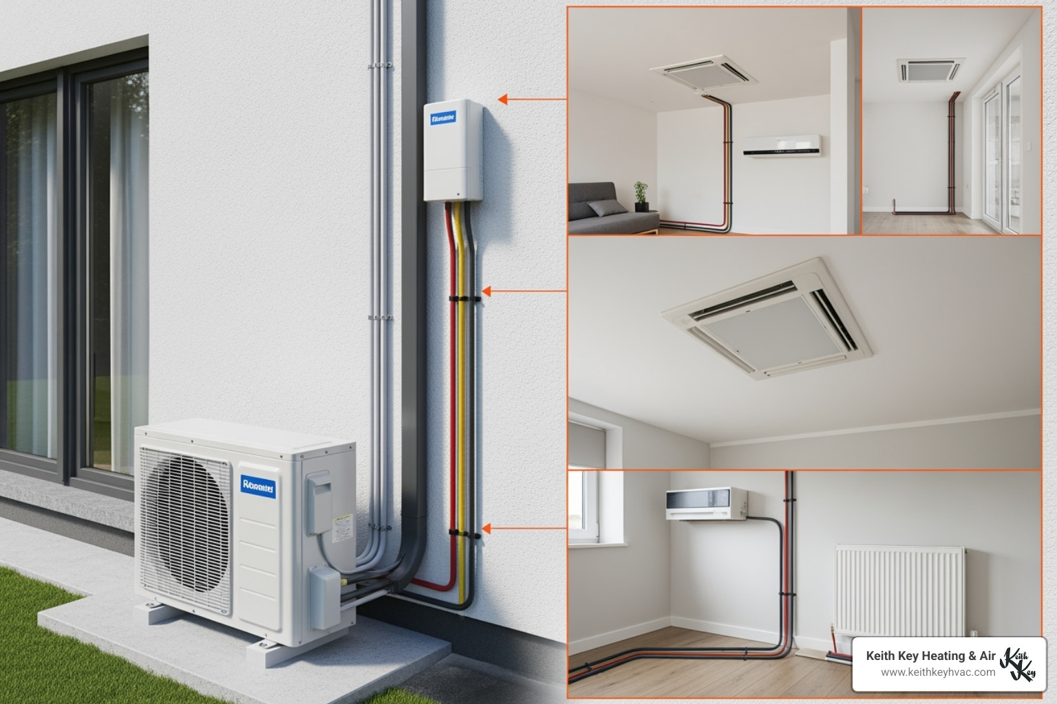 A multi-zone ductless mini-split system setup, showing one outdoor condenser unit connected via refrigerant lines to three different indoor units (wall-mounted, ceiling cassette, and floor-mounted) in separate rooms of a house. - ductless heating tallahassee fl