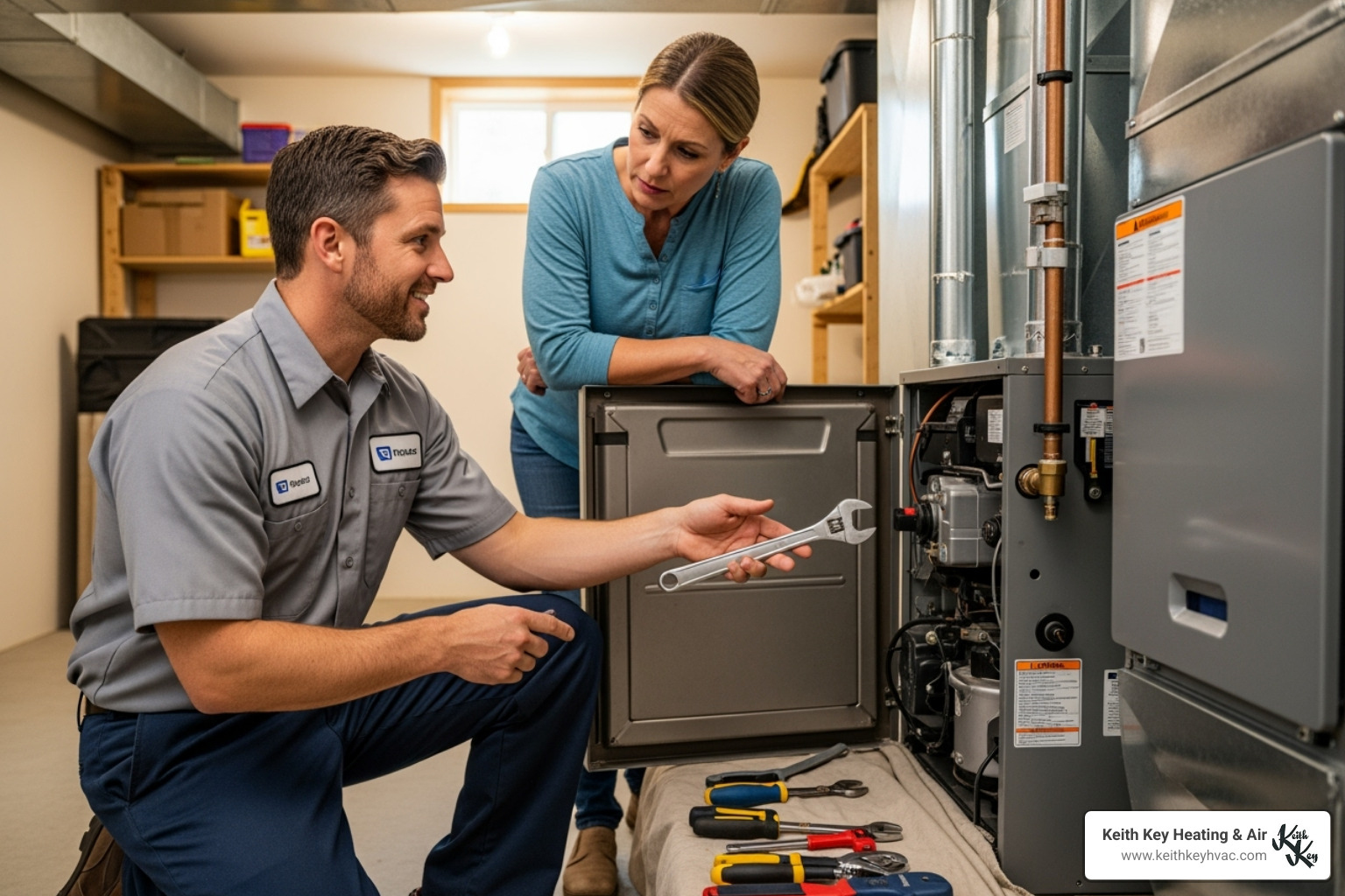 A friendly technician explaining a repair to a homeowner - 24 hour HVAC service A friendly technician explaining a repair to a homeowner - 24 hour HVAC service