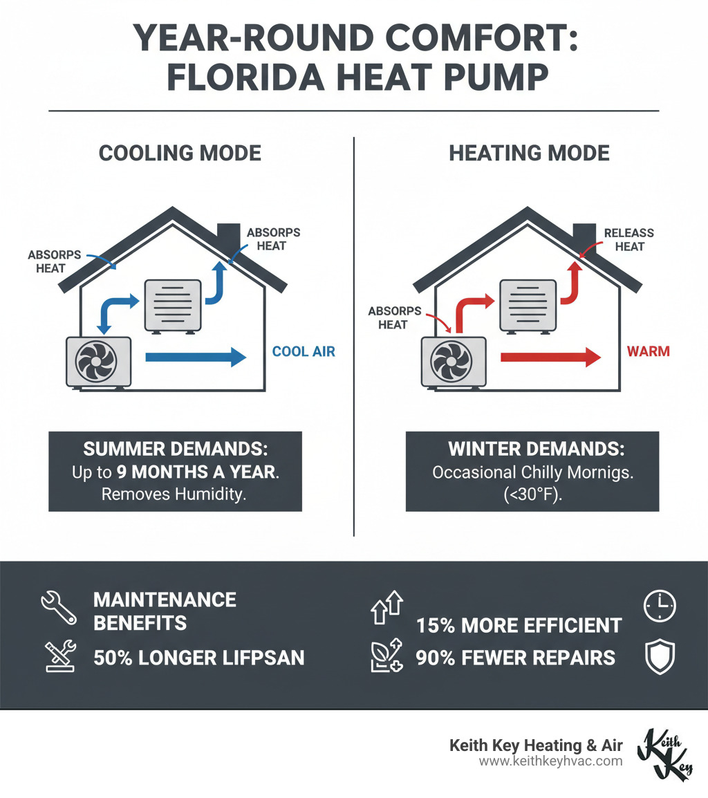 Infographic showing heat pump operation in both heating and cooling modes, displaying how refrigerant flows through indoor and outdoor coils to provide year-round comfort, with specific focus on Florida's climate demands and maintenance benefits - heat pump tune up crawfordville infographic Infographic showing heat pump operation in both heating and cooling modes, displaying how refrigerant flows through indoor and outdoor coils to provide year-round comfort, with specific focus on Florida's climate demands and maintenance benefits - heat pump tune up crawfordville infographic