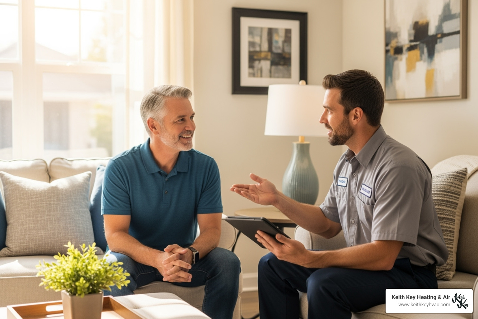 Happy homeowner discussing maintenance plan options with a technician - hvac maintenance plan crawfordville