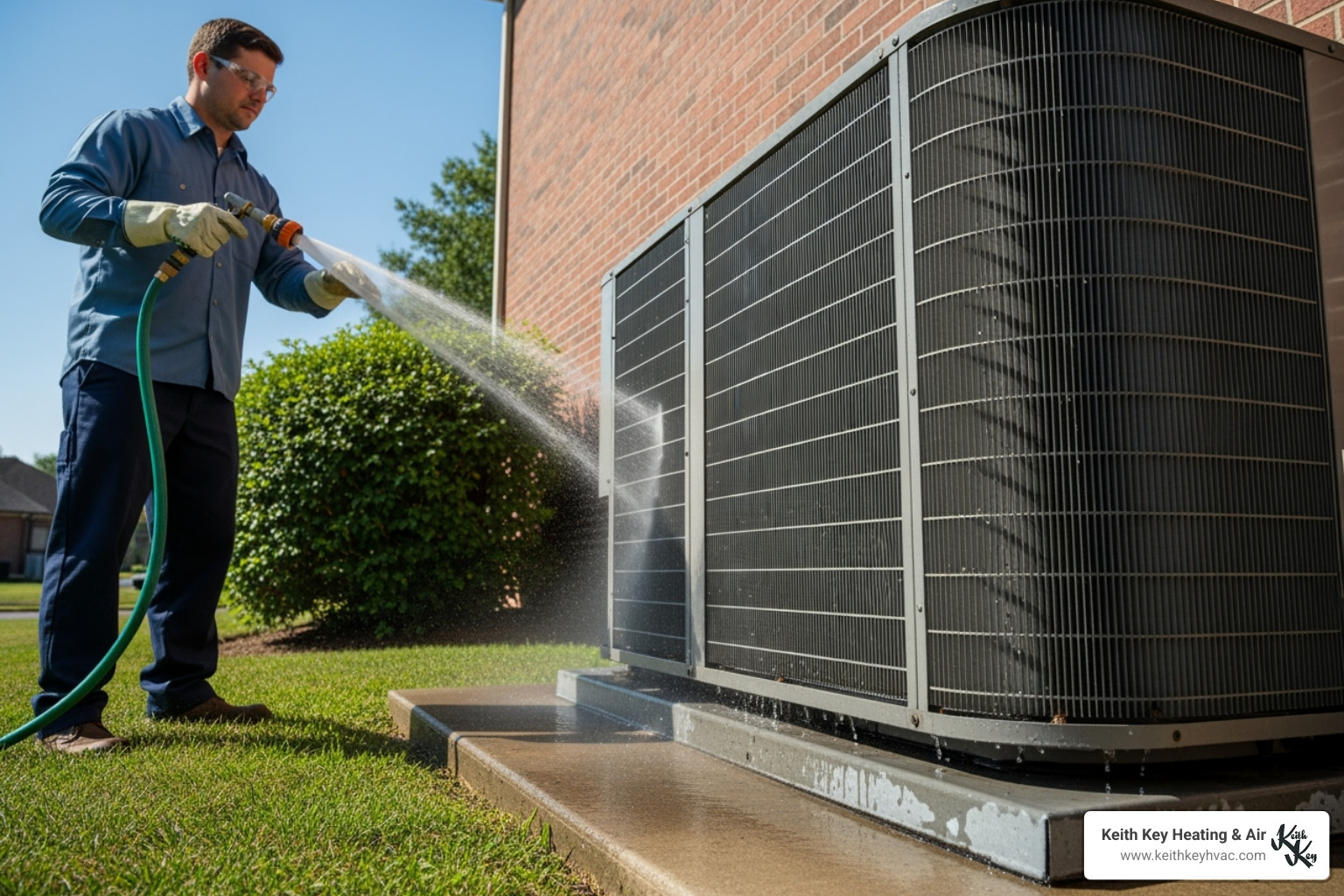 Technician cleaning outdoor condenser unit - hvac maintenance plan crawfordville