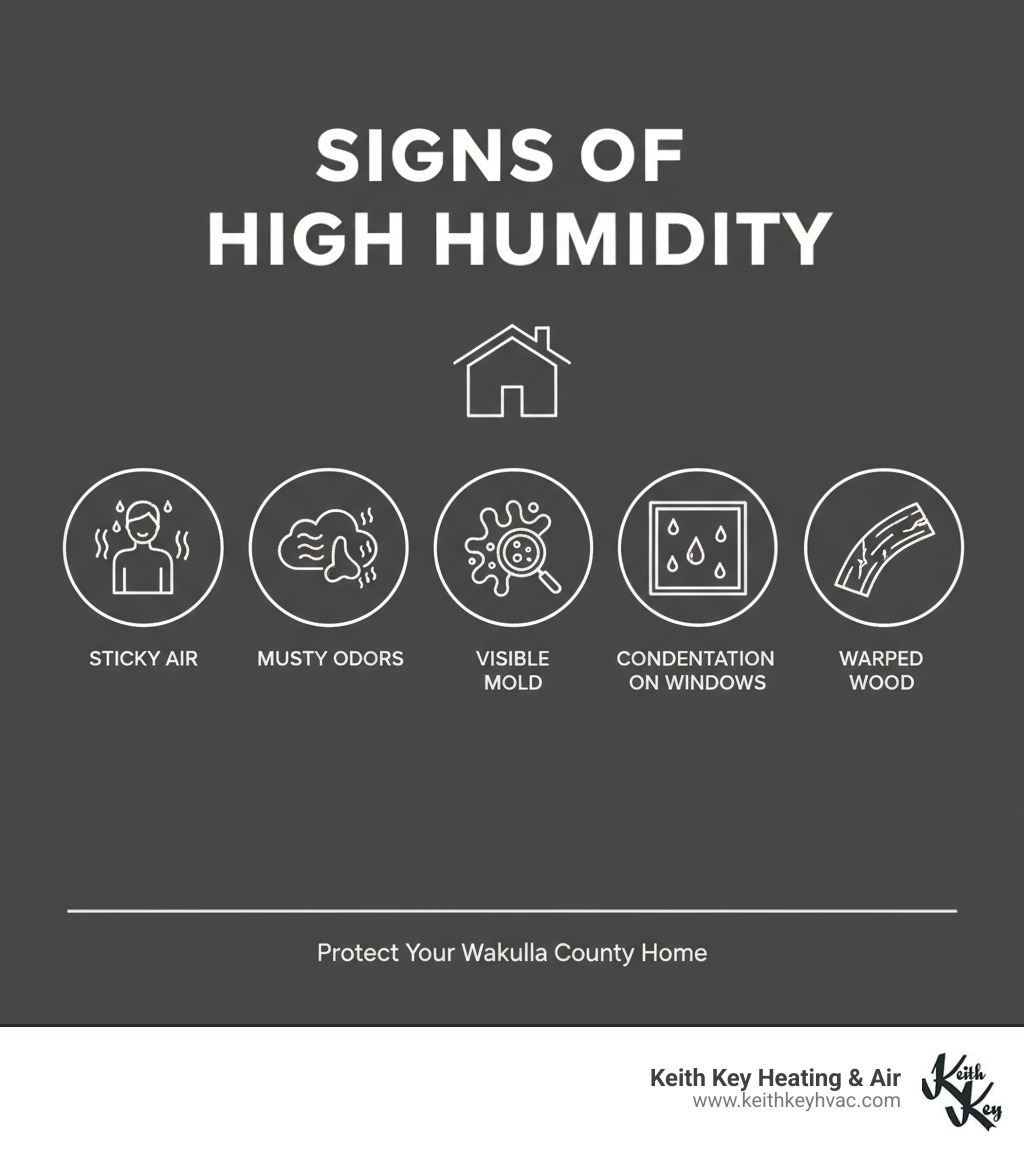 Infographic detailing signs of high humidity including sticky air, musty odors, visible mold, condensation on windows, and warped wood - dehumidifier service wakulla county infographic 
