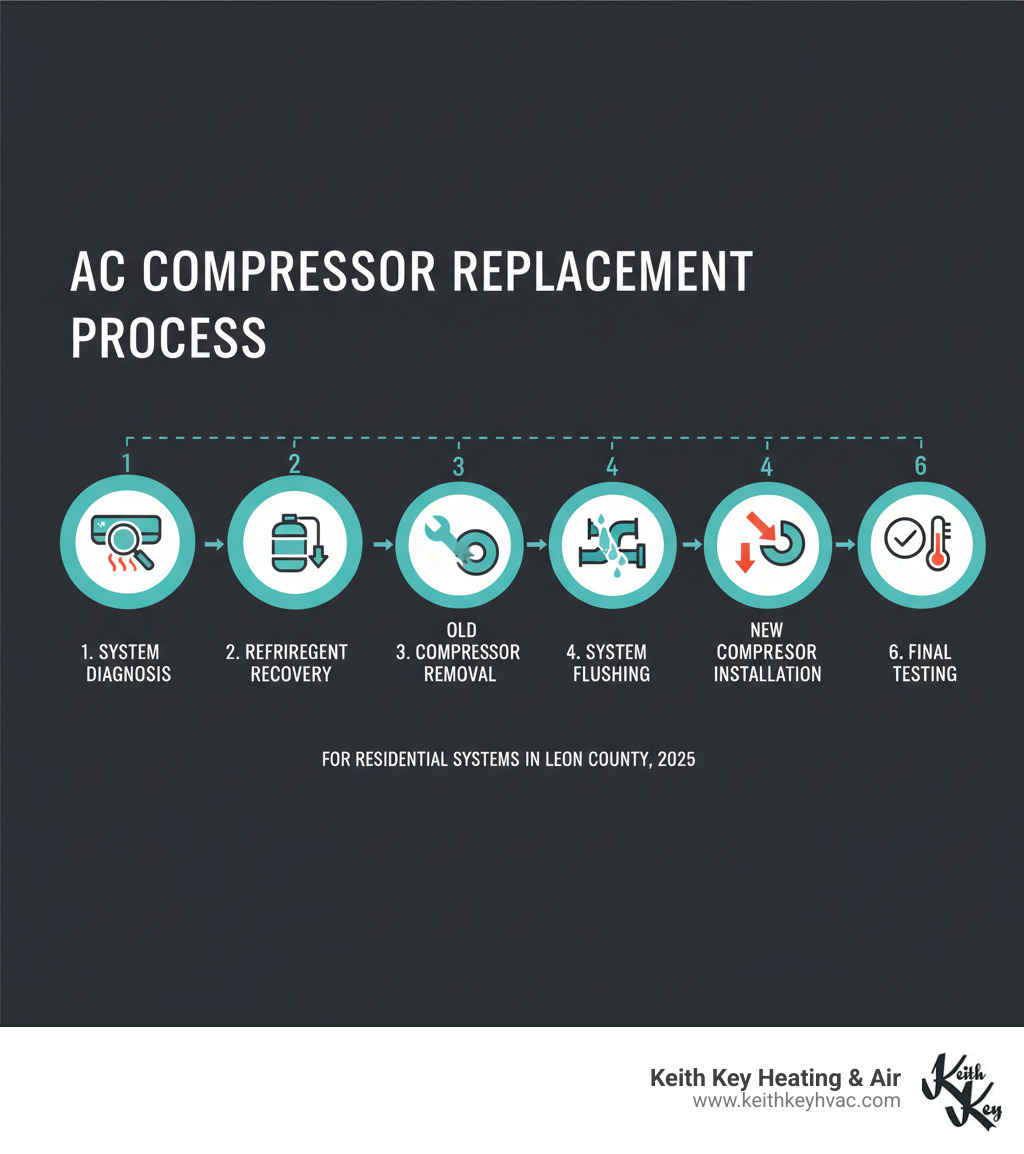 Detailed infographic showing AC compressor replacement process including system diagnosis, refrigerant recovery, old compressor removal, system flushing, new compressor installation, and final testing phases - ac compressor replacement leon county infographic 