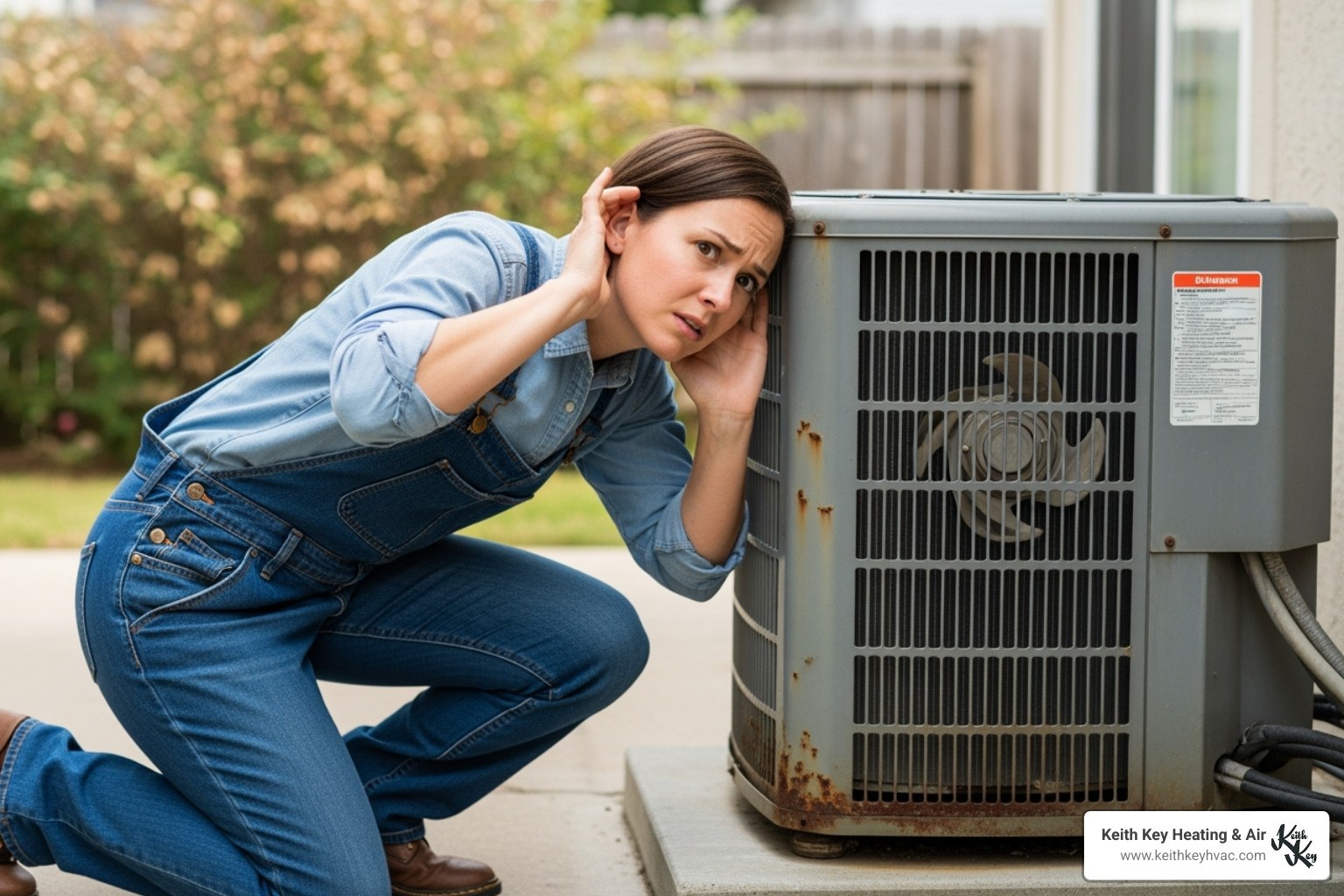 A person listening intently to a noisy outdoor AC unit, indicating a potential problem - ac compressor replacement leon county